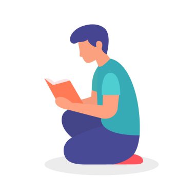 Erkek karakterin dizlerinin üzerinde otururken kitap okumasının minimum vektörü. Basit ama odaklanmış duruş, okul, okuma veya öğrenme görselleri için uygun.