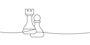 Minimalist siyah beyaz çizgi sanatı. Kale ve piyon satranç taşları. Strateji, odaklanma ve taktik oyun aşıkları için mükemmel bir soyut temsil.