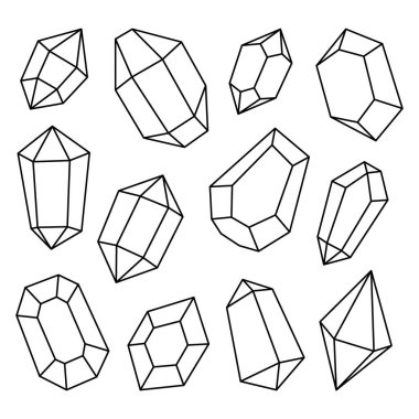 Gemstone ana hatları belirlendi. Çeşitli geometrik şekil ve boyutlarda kristaller. Vektör çizimi. Beyaz arkaplanda izole