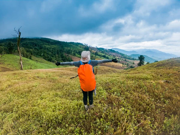 自然と美しい山を背景に美しい日の出を楽しんで上がる腕を持つ幸せな女 — ストック写真