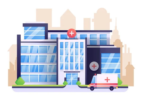 Kórházi Vektor Illusztráció Egy Egészségügyi Épület Városi Háttérrel — Stock Vector