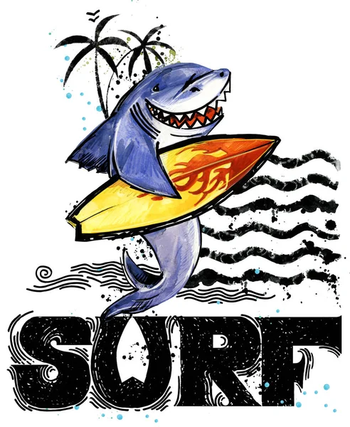 Cute cartoon fish. Surf vintage hand drawn text. sea animal watercolor illustration. children\'s summer holidays background. T-shirt kids design template