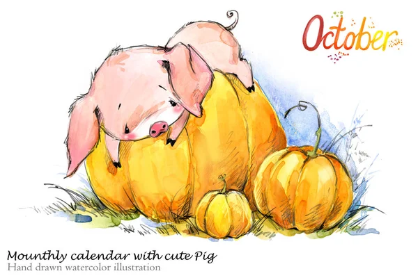 Cute pig hand drawn watercolor illustration. Mounth.ly calendar with piglet.