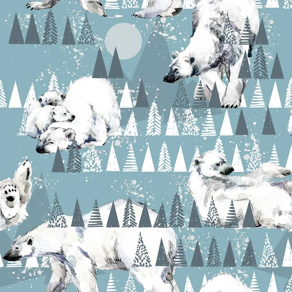 winter seamless background. white bear. Arctic pattern. Polar nature watercolor illustration. North wildlife. wild animal.