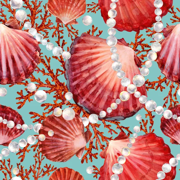 seashells seamless pattern. marine watercolor background. sea underwater life. ocean nature illustration. red corals illustration