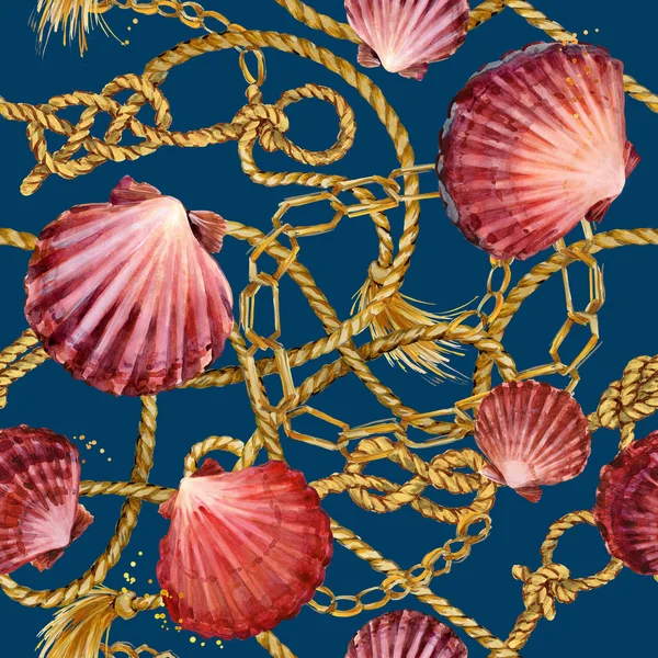 Nautical rope seamless tied fishnet background. marine knots and cordage pattern. seashells watercolor illustration. gold chains. luxury design. jewelry. riches background.