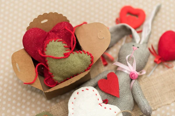 Valentines Day Rabbit Handmade Red White Hearts Lying Cardboard Background — Stock Photo, Image