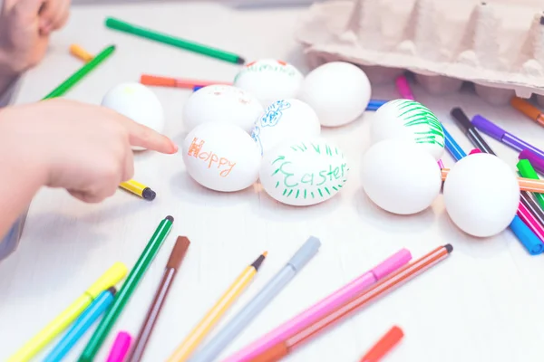Ovos Páscoa Pintados Mão Por Criança Ideias Páscoa Espaço Para — Fotografia de Stock