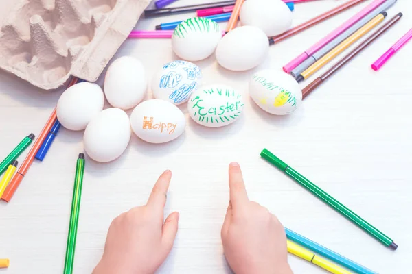 Ovos Páscoa Pintados Mão Por Criança Ideias Páscoa Espaço Para — Fotografia de Stock