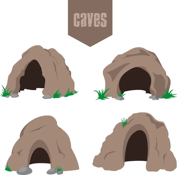 いくつかの草で設定されたシンプルな洞窟の入り口のアイコン ストックイラスト
