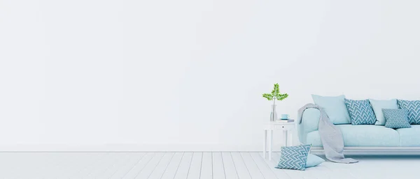 Beyaz oturma odası iç tasarımı mavi kadife kanepe ve beyaz duvarlı dekoratif bitki 3D çizim