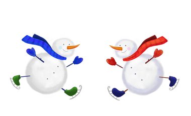 Beyaz arka planda buz patenli iki kardan adam. Şirin kış tatili konseptinin tasviri