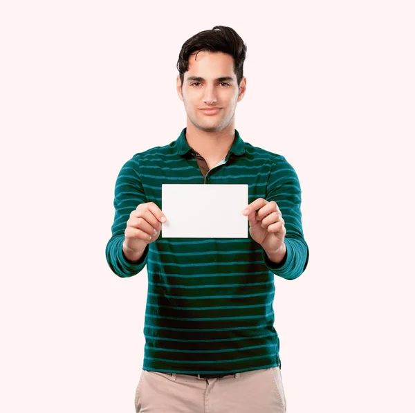 Young Handsome Man Tanned Skin Holding Empty Placard Place Your — Stock Photo, Image