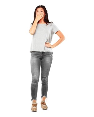 Genç kız tam vücut kapsayan ağız bir hareketi ile el ile sürpriz sessiz kalma ve gizli tutmak için güzel.