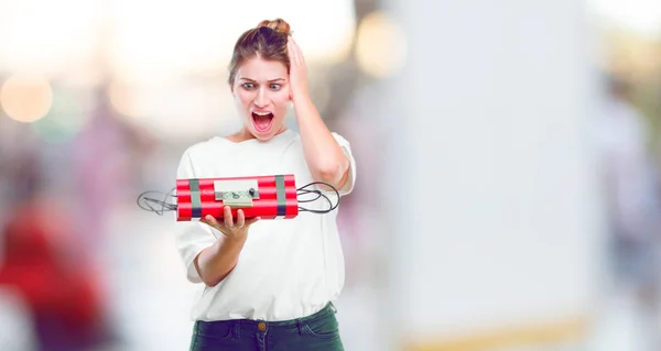 Young Beautiful Girl Scared Holding Dynamite Bomb — Stock Photo, Image