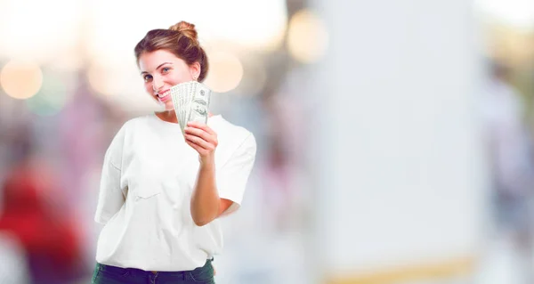 Joven Hermosa Chica Feliz Con Billetes — Foto de Stock