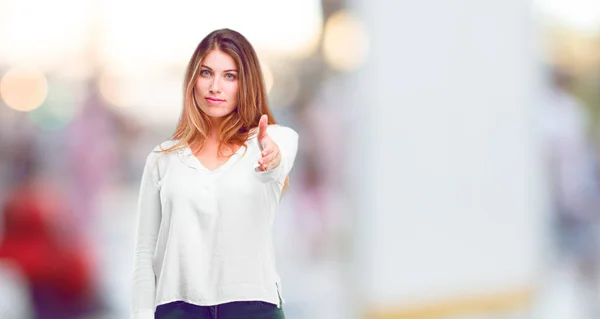 Young Beautiful Girl Serious Confident Proud Stern Expression Offering Handshake — Stock Photo, Image