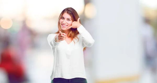 Young Beautiful Girl Making Phone Call Gesture Sign Proud Happy — Stock Photo, Image