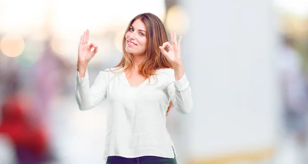 Young Beautiful Girl Making Alright Okay Gesture Approvingly Both Hands — Stock Photo, Image