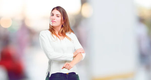 Young Beautiful Girl Proud Happy Confident Expression Accepting Challenge While — Stock Photo, Image