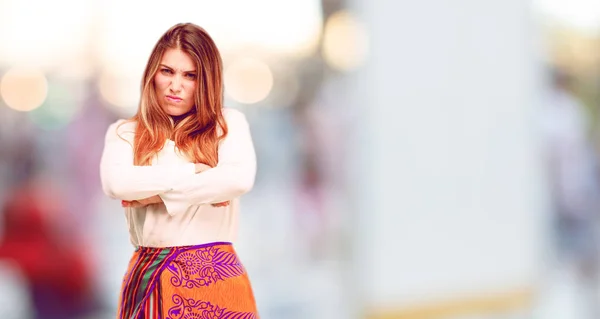 Young Beautiful Girl Looking Angry Unhappy Frustrated Gesturing Furiously Arms — Stock Photo, Image