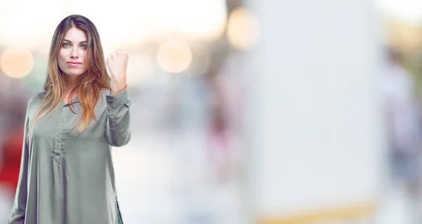 Young Beautiful Girl Looking Proud Confident Powerful Gesturing Closed Fist — Stock Photo, Image