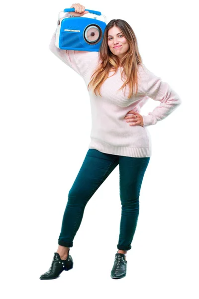 Young Beautiful Girl Dancing Vintage Radio — Stock Photo, Image