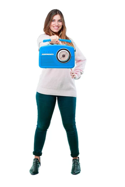 Young Beautiful Girl Dancing Vintage Radio — Stock Photo, Image