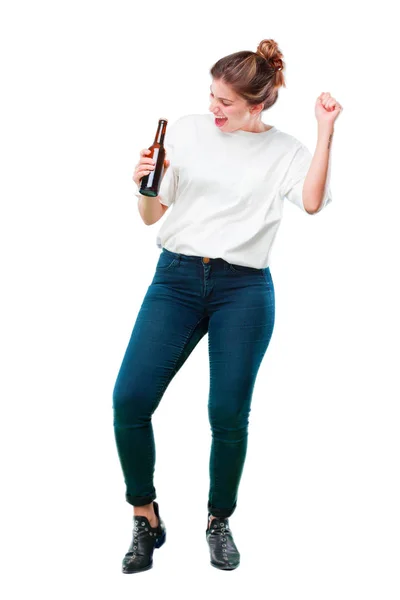 Young Beautiful Girl Happy Beer Bottle — Stock Photo, Image