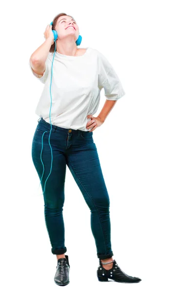 Joven Hermosa Chica Bailando Escuchando Música Con Auriculares — Foto de Stock