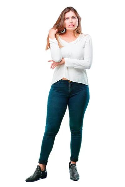 Young Beautiful Girl Stressed Gesture Sweating Pulling Shirt Neck Open — Stock Photo, Image