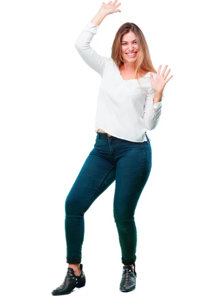 Joven Hermosa Chica Sonriendo Bailando Diversión Música Disco Animada Buscando — Foto de Stock