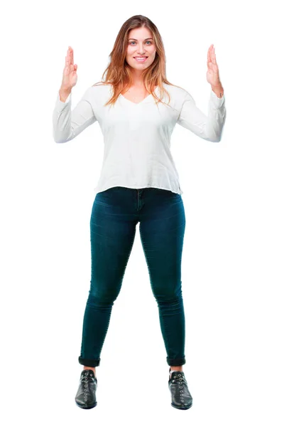 Young Beautiful Girl Smiling Satisfied Expression Showing Object Concept Which — Stock Photo, Image