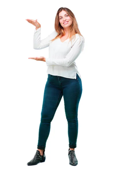 Young Beautiful Girl Smiling Satisfied Expression Showing Object Concept Which — Stock Photo, Image