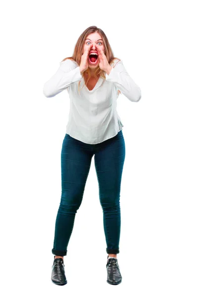 Young Beautiful Girl Shouting Loud Crazy Calling Hand Angry Expression — Stock Photo, Image