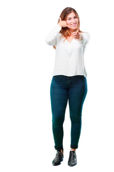 Young Beautiful Girl Making Phone Call Gesture Sign Proud Happy — Stock Photo, Image