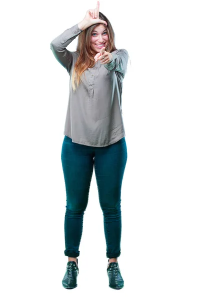 Young Beautiful Girl Gesturing Loser Fingers Mockingly Happy Proud Self — Stock Photo, Image