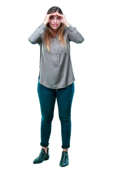 Young Beautiful Girl Looking Far Distance Searching Distant Object Confused — Stock Photo, Image