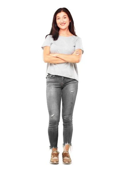 Young Pretty Girl Full Body Proud Satisfied Happy Look Face — Stock Photo, Image