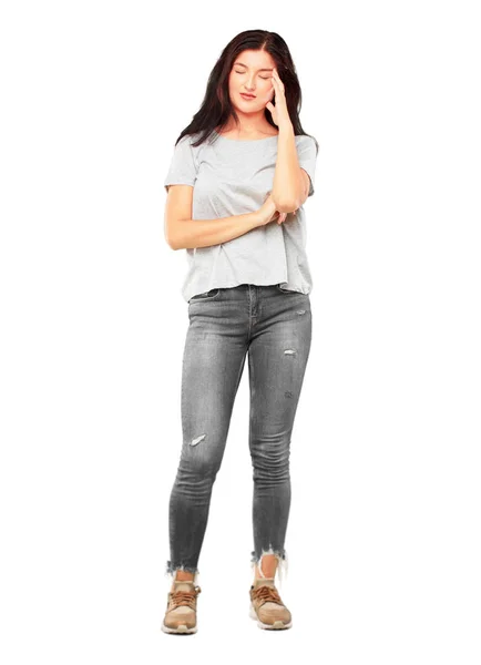 Young Pretty Girl Full Body Looking Stressed Frustrated Closed Eyes — Stock Photo, Image