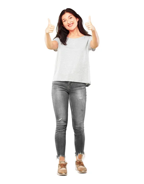 Young Pretty Girl Full Body Satisfied Proud Happy Look Thumbs — Stock Photo, Image