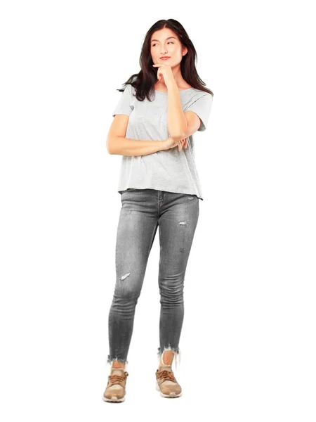 Young Pretty Girl Full Body Confused Thoughtful Look Looking Sideways — Stock Photo, Image