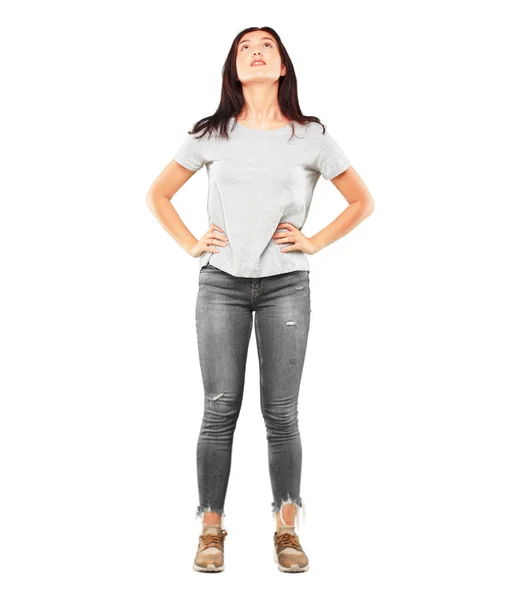 Young Pretty Girl Full Body Smiling Looking Upwards Sky Spot — Stock Photo, Image