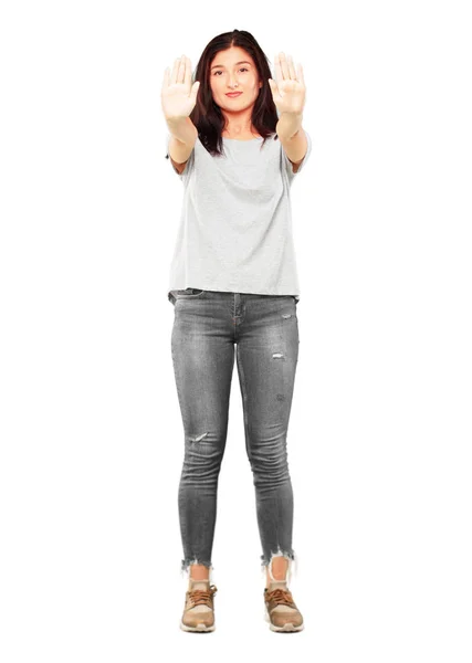 Young Pretty Girl Full Body Signaling Stop Both Palms Hands — Stock Photo, Image