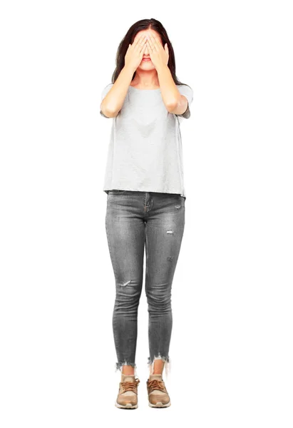 Young Pretty Girl Full Body Serious Scared Frightened Expression Covering — Stock Photo, Image