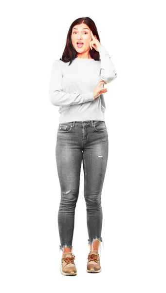 Young Pretty Girl Full Body Looking Happy Surprised Smiling Thinking — Stock Photo, Image