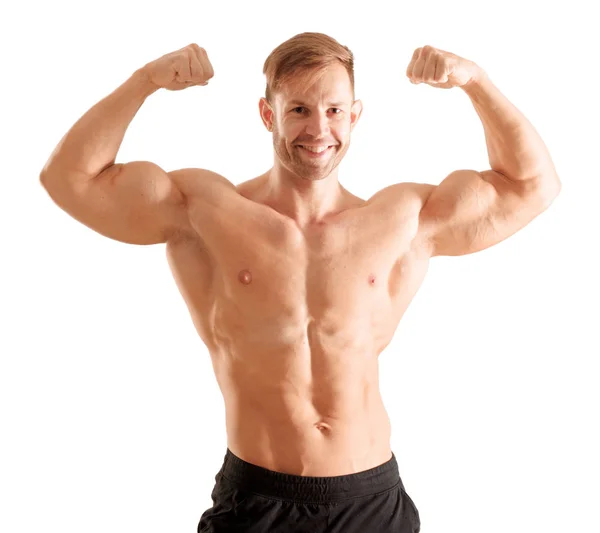 Unga Stiliga Bodybuilder Man Poserar Med Muskulös Utseende — Stockfoto