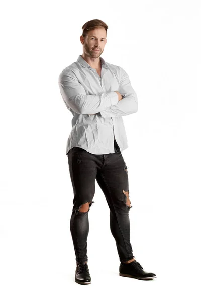 Joven Guapo Culturista Hombre Posando Con Aspecto Muscular —  Fotos de Stock
