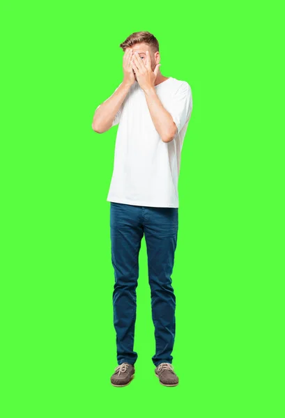 Young Blonde Man Serious Scared Frightened Expression Covering Eyes Both — Stock Photo, Image