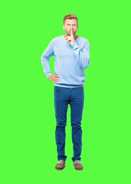 Young Blonde Man Gesturing Keep Quiet Hand Hushing You Demanding — Stock Photo, Image